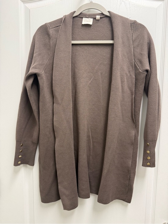 Cyrus Sweaters - Cyrus Taupe Open-Front Longline Cardigan with Gold Cuff Buttons